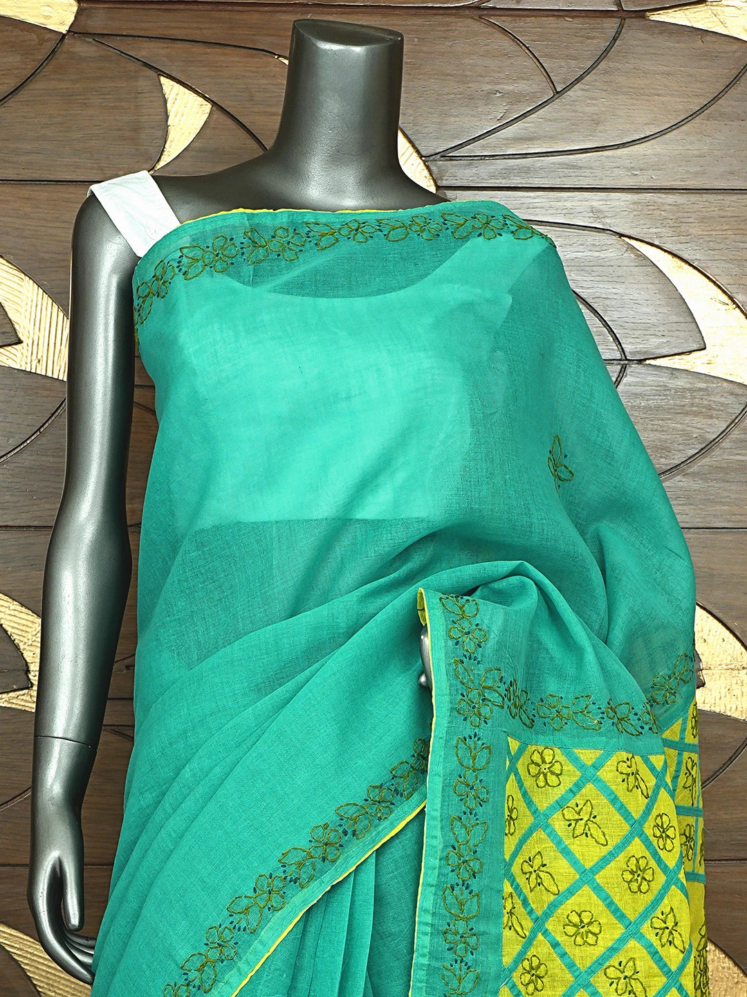 Ada Hand Embroidered Rama Green Cotton Lucknowi Chikankari Saree and Blouse 01A904836