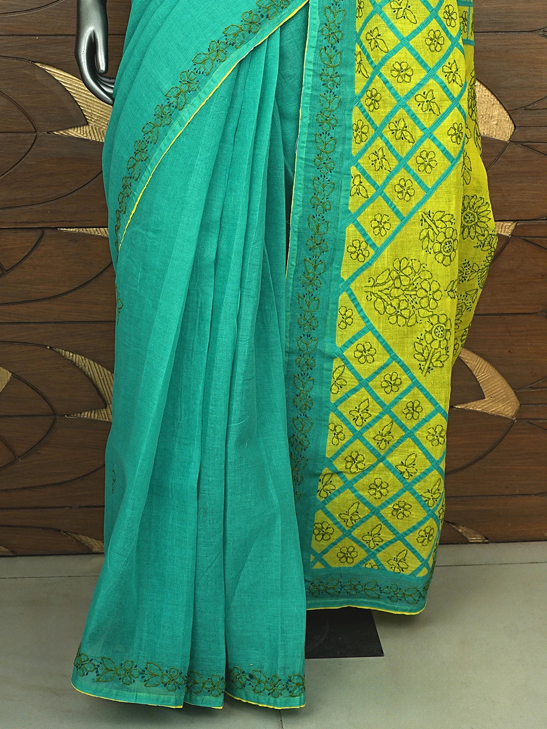 Ada Hand Embroidered Rama Green Cotton Lucknowi Chikankari Saree and Blouse 01A904836