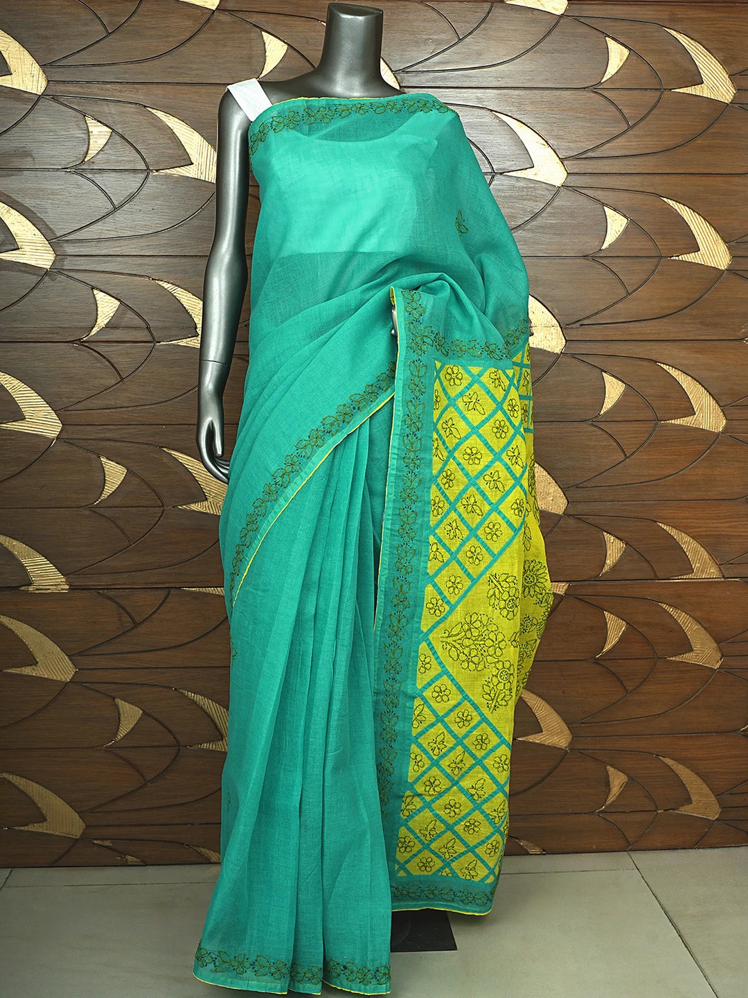 Ada Hand Embroidered Rama Green Cotton Lucknowi Chikankari Saree and Blouse 01A904836
