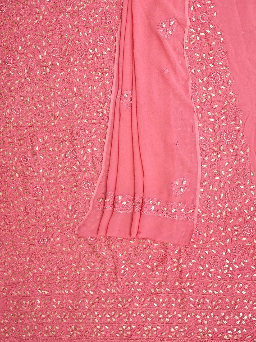 Ada Hand Embroidered Pink Viscose Georgette Lucknowi Chikankari Unstitched Kurta Dupatta Set With Pearl Work 01A893693