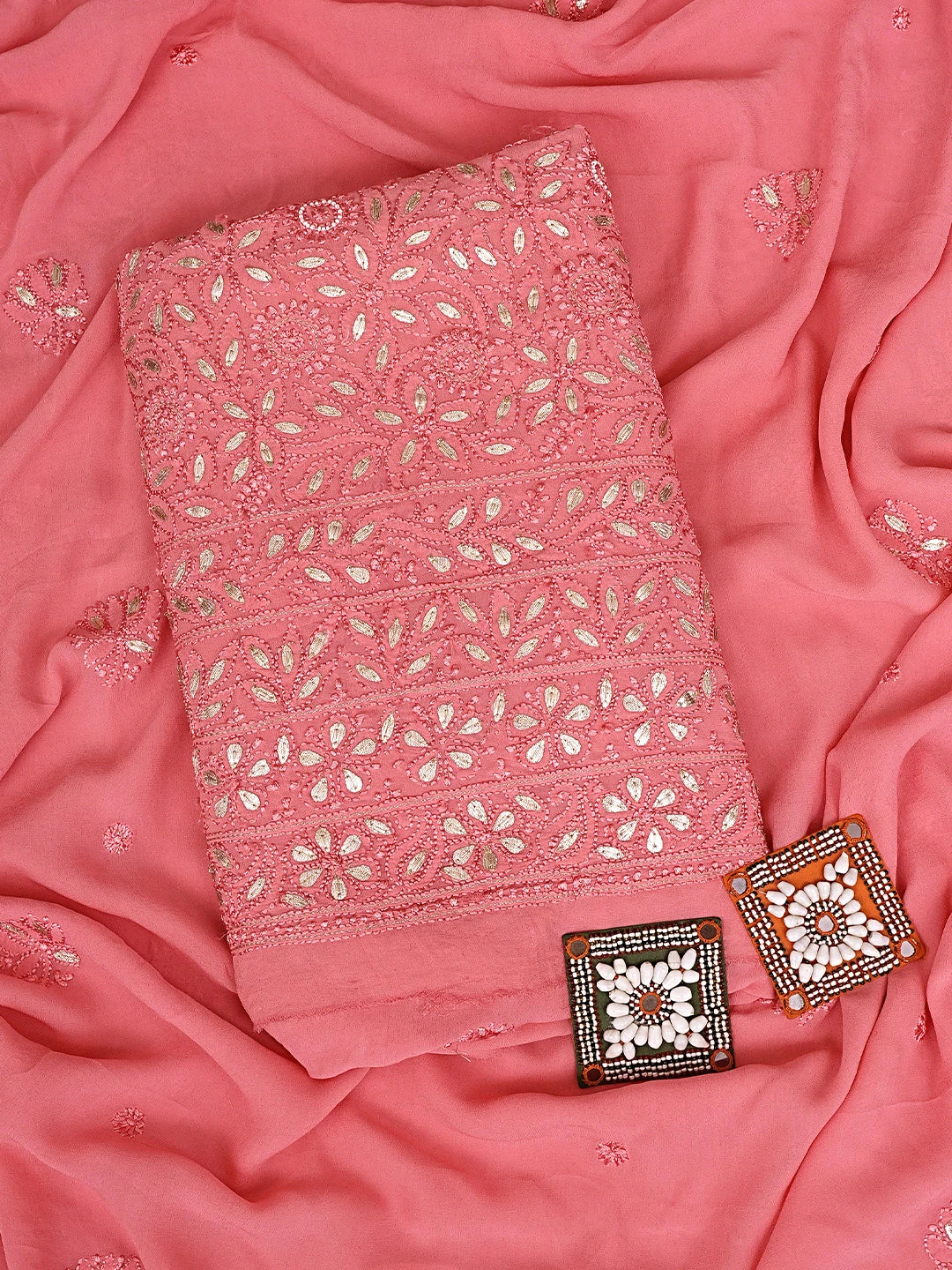 Ada Hand Embroidered Pink Viscose Georgette Lucknowi Chikankari Unstitched Kurta Dupatta Set With Pearl Work 01A893693