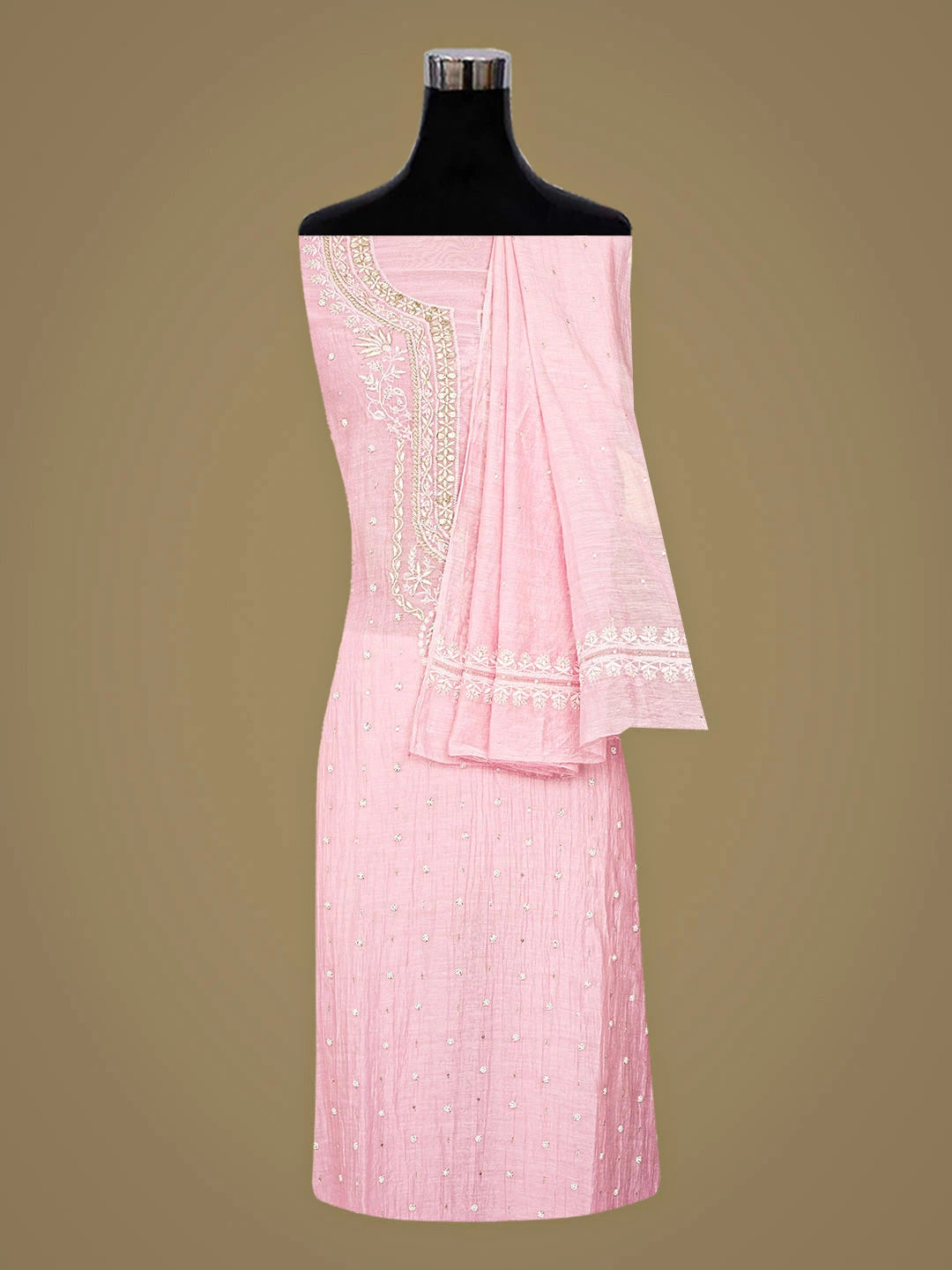 Ada Hand Embroidered Pink Chanderi Lucknowi Chikankari Unstitched Kurta Dupatta Set With Pearl Work 01A896289