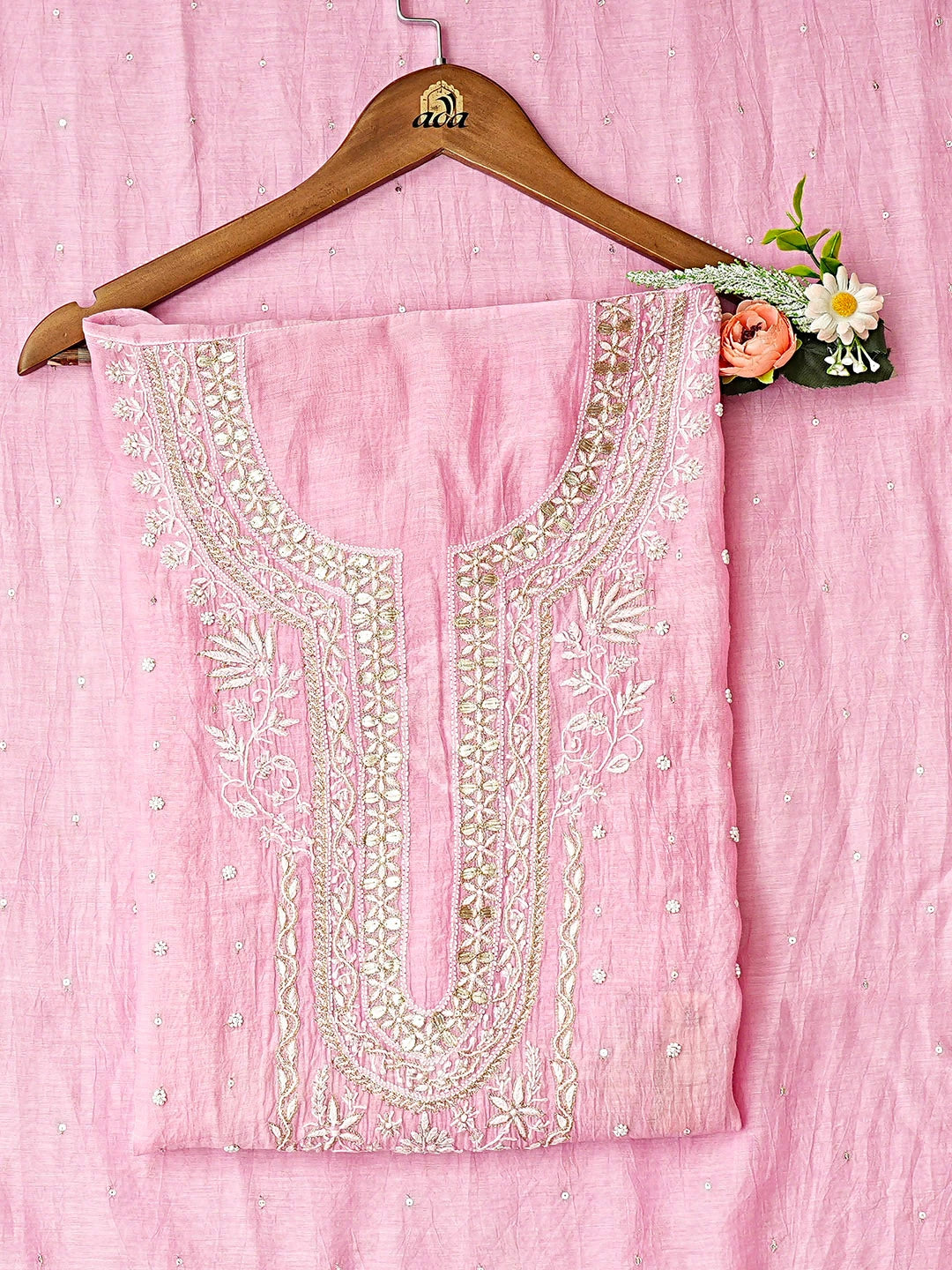 Ada Hand Embroidered Pink Chanderi Lucknowi Chikankari Unstitched Kurta Dupatta Set With Pearl Work 01A896289