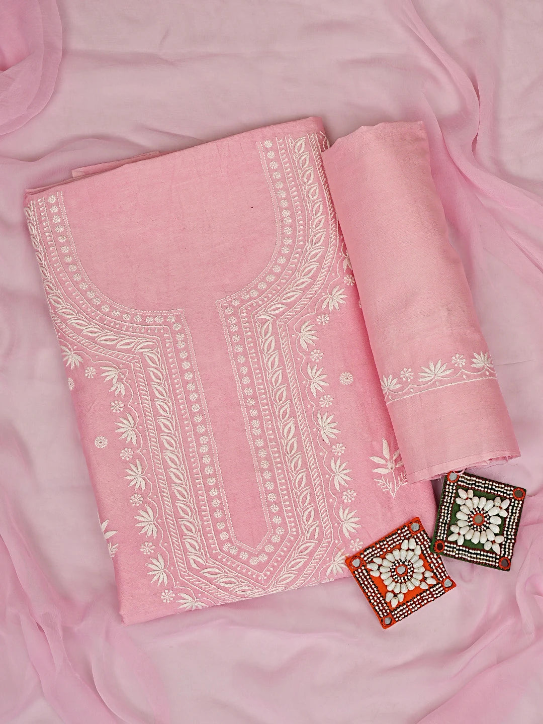 Ada Hand Embroidered Pink Chanderi Lucknowi Chikankari Unstitched Suit Piece 01A805665
