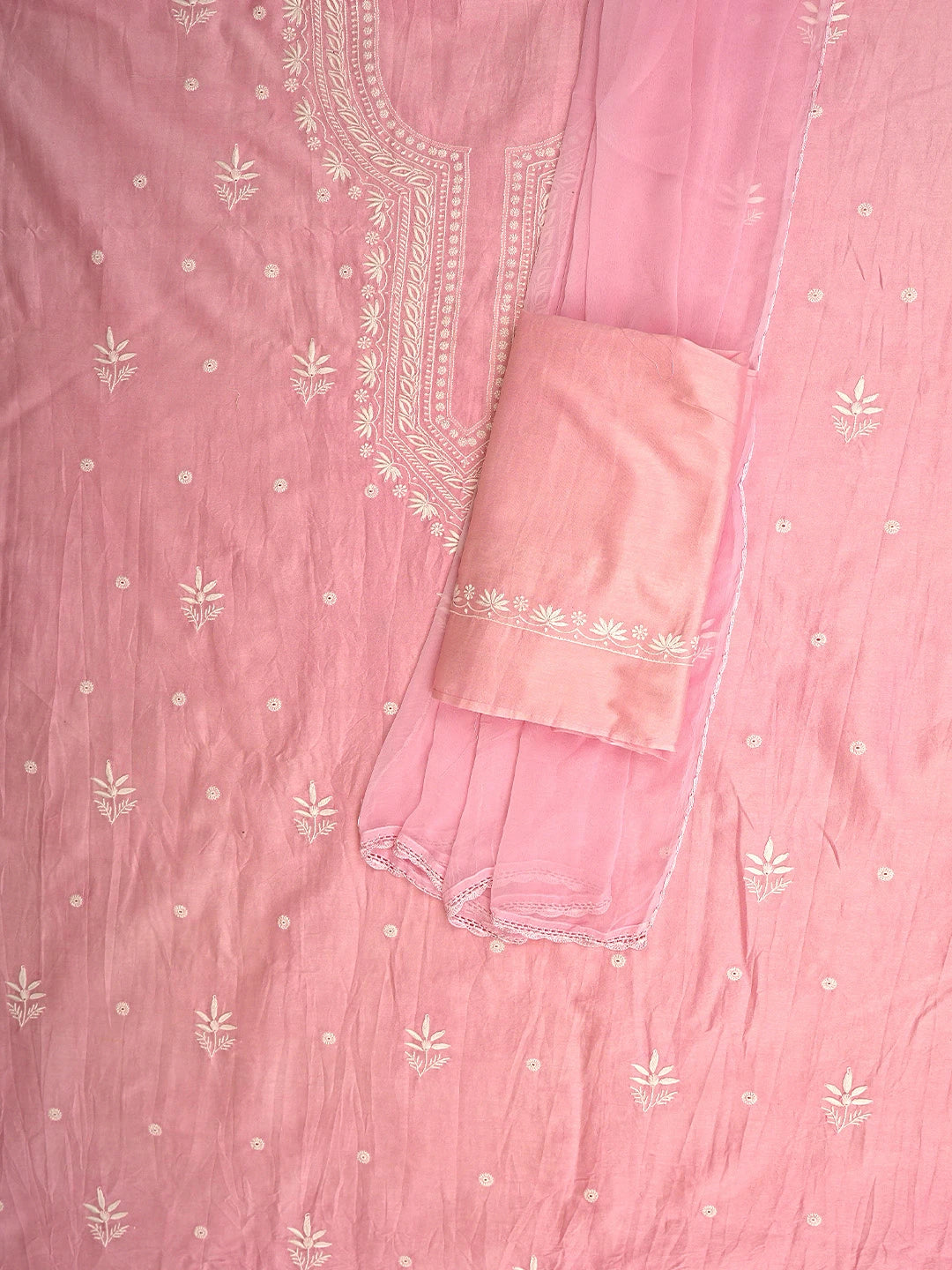 Ada Hand Embroidered Pink Chanderi Lucknowi Chikankari Unstitched Suit Piece 01A805665