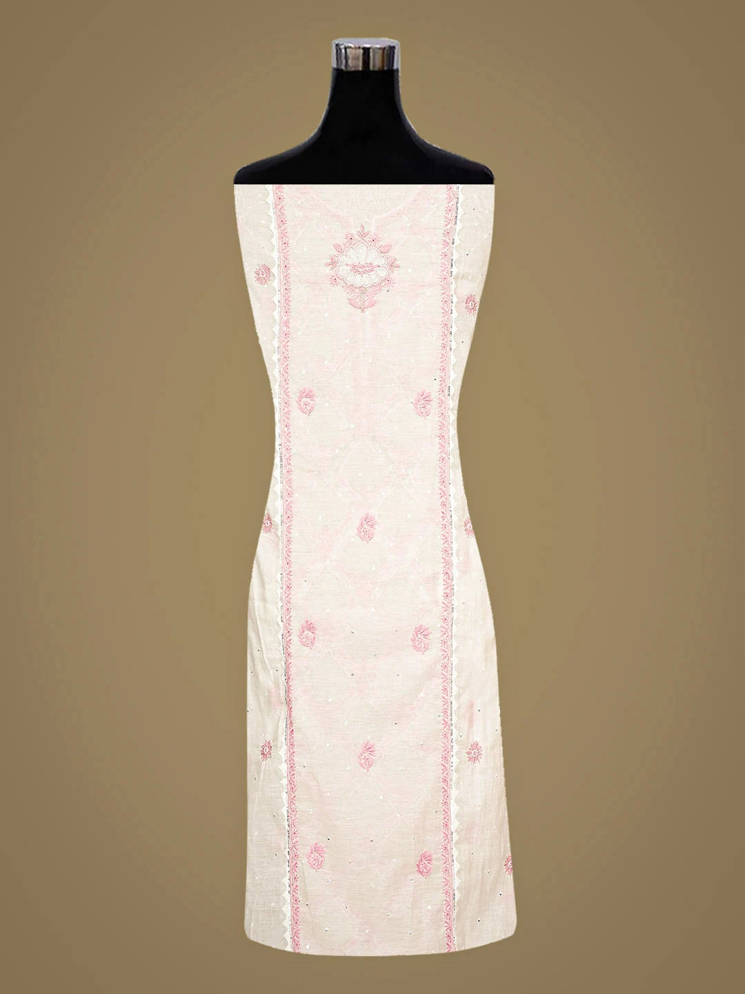 Ada Hand Embroidered White Chanderi Lucknowi Chikankari Unstitched Kurta Dupatta Set With Pearl Work 01A899359