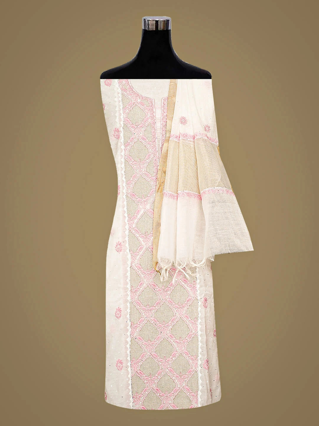 Ada Hand Embroidered White Chanderi Lucknowi Chikankari Unstitched Kurta Dupatta Set With Pearl Work 01A899359