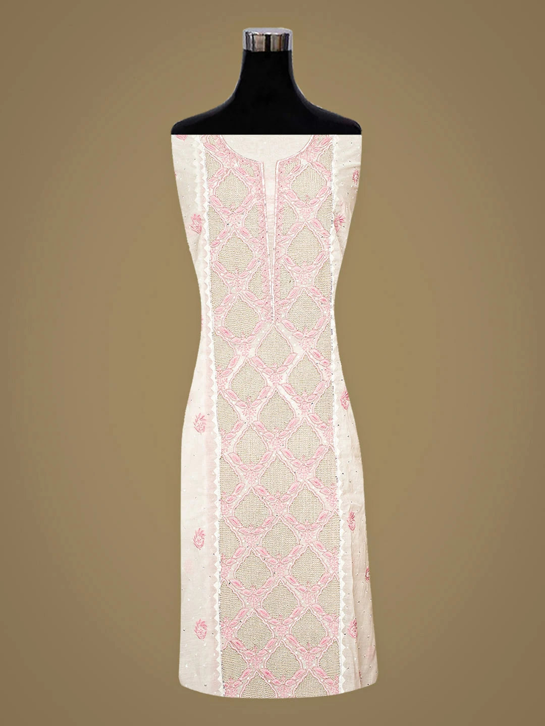Ada Hand Embroidered White Chanderi Lucknowi Chikankari Unstitched Kurta Dupatta Set With Pearl Work 01A899359