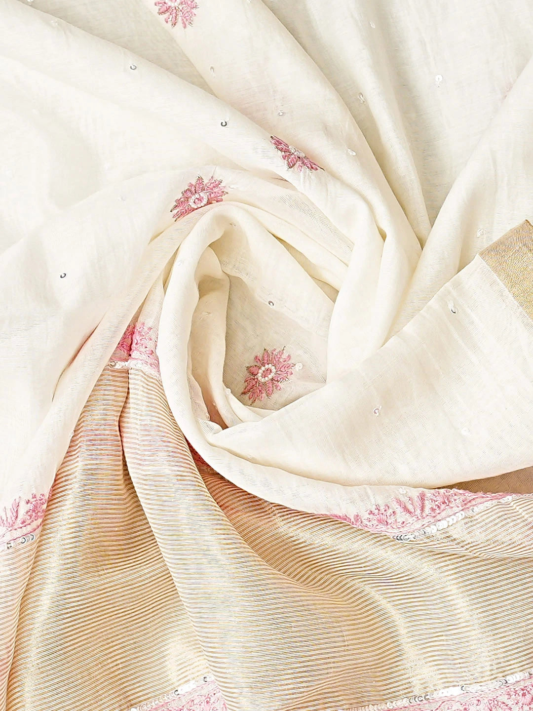 Ada Hand Embroidered White Chanderi Lucknowi Chikankari Unstitched Kurta Dupatta Set With Pearl Work 01A899359