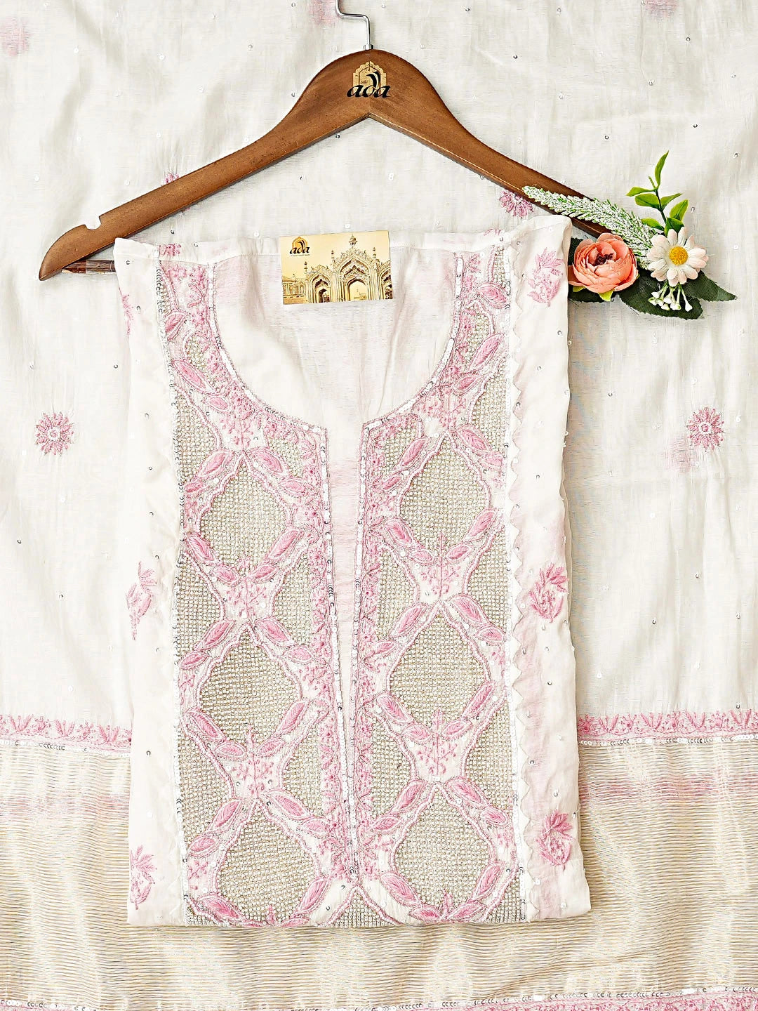 Ada Hand Embroidered White Chanderi Lucknowi Chikankari Unstitched Kurta Dupatta Set With Pearl Work 01A899359
