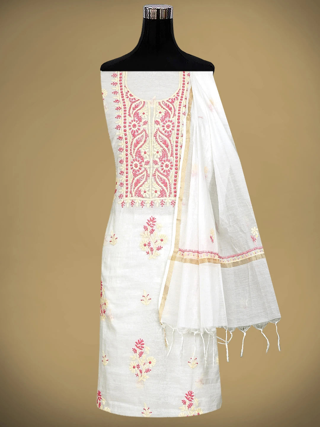 Ada Hand Embroidered Ivory White Chanderi Lucknowi Chikankari Unstitched Kurta Dupatta Set 01A895973
