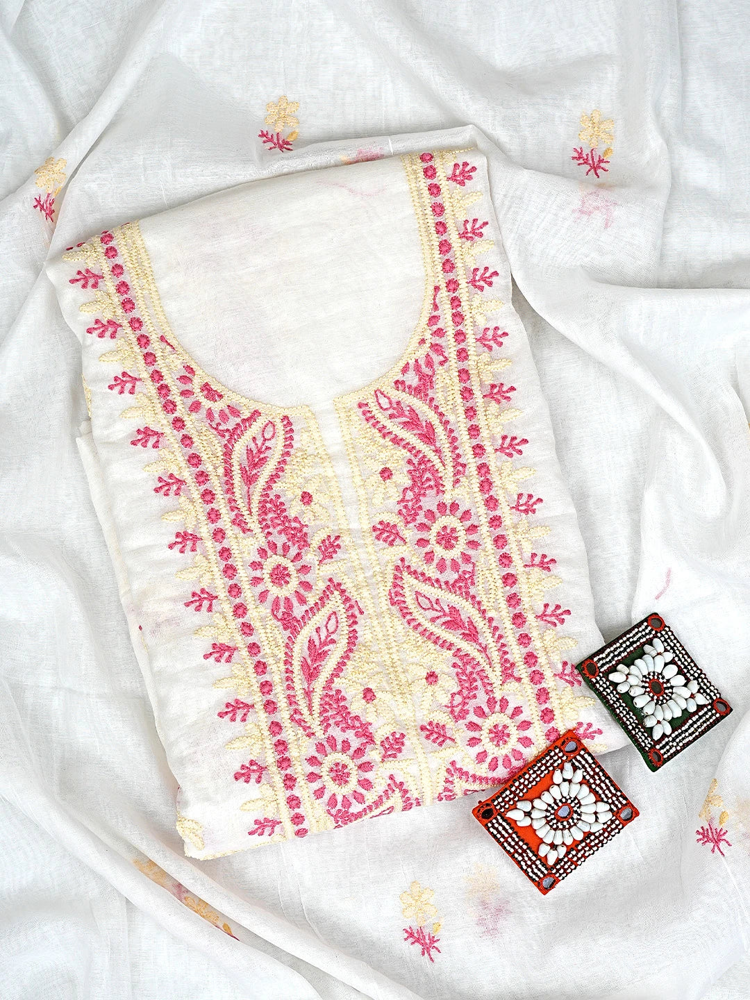 Ada Hand Embroidered Ivory White Chanderi Lucknowi Chikankari Unstitched Kurta Dupatta Set 01A895973