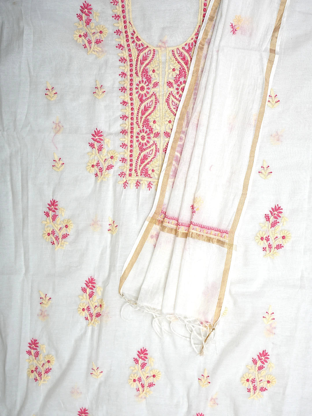 Ada Hand Embroidered Ivory White Chanderi Lucknowi Chikankari Unstitched Kurta Dupatta Set 01A895973