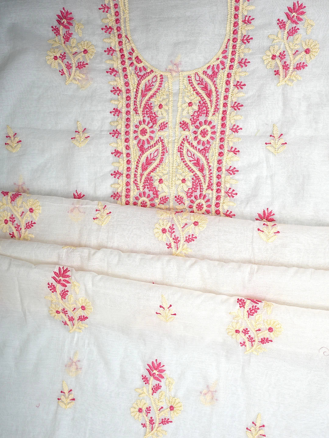 Ada Hand Embroidered Ivory White Chanderi Lucknowi Chikankari Unstitched Kurta Dupatta Set 01A895973