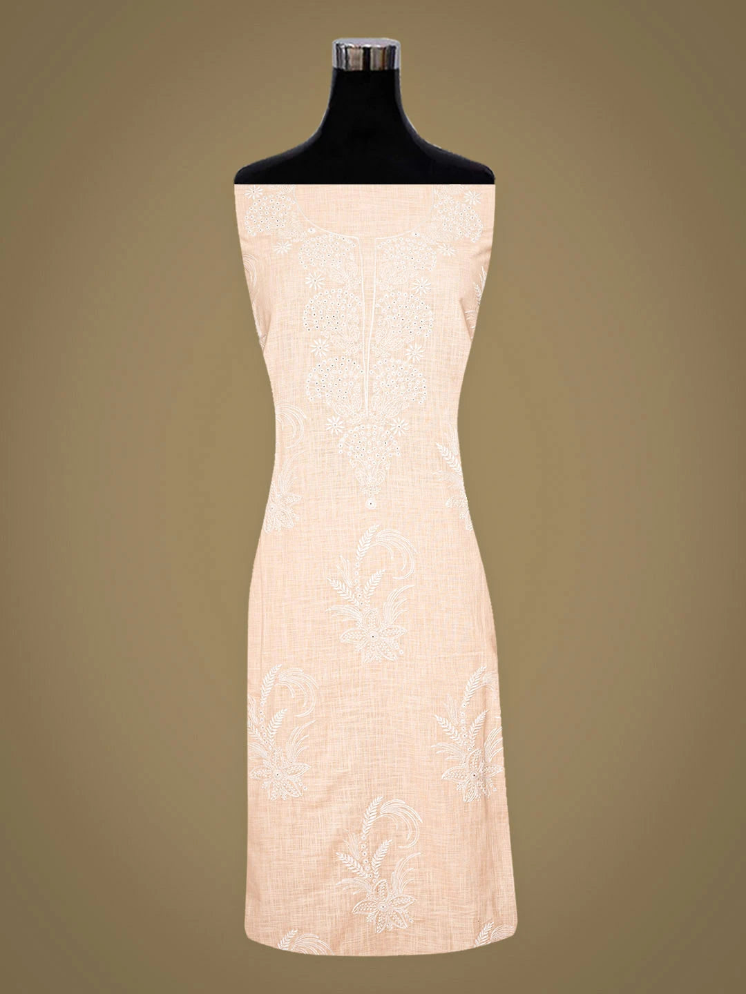 Ada Hand Embroidered Peach Linen Lucknowi Chikankari Unstitched Kurta Dupatta Set 01A910437