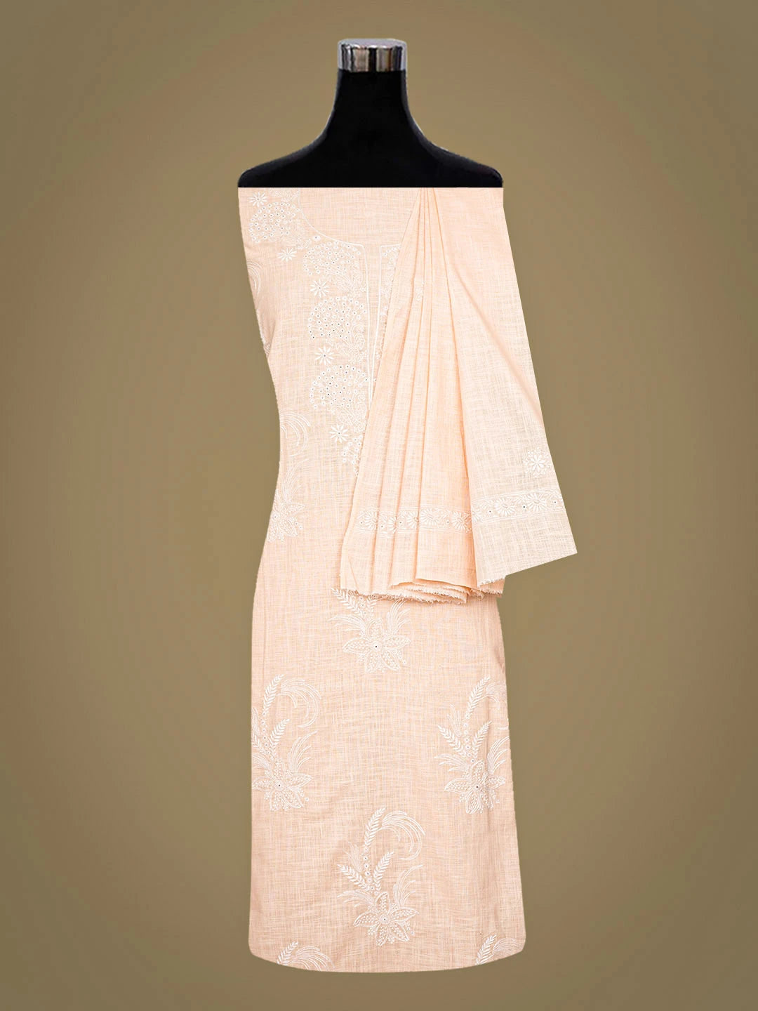 Ada Hand Embroidered Peach Linen Lucknowi Chikankari Unstitched Kurta Dupatta Set 01A910437