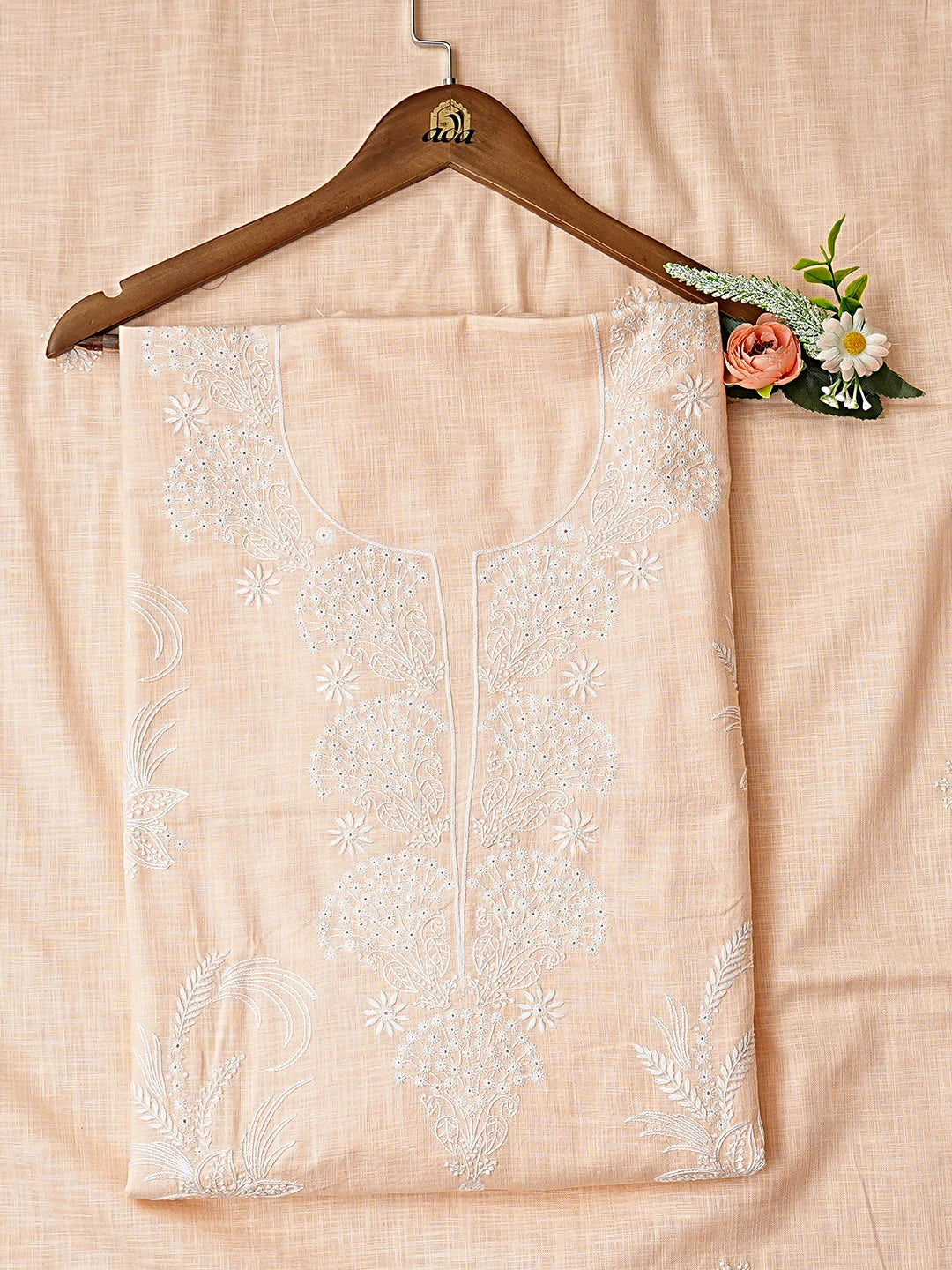 Ada Hand Embroidered Peach Linen Lucknowi Chikankari Unstitched Kurta Dupatta Set 01A910437