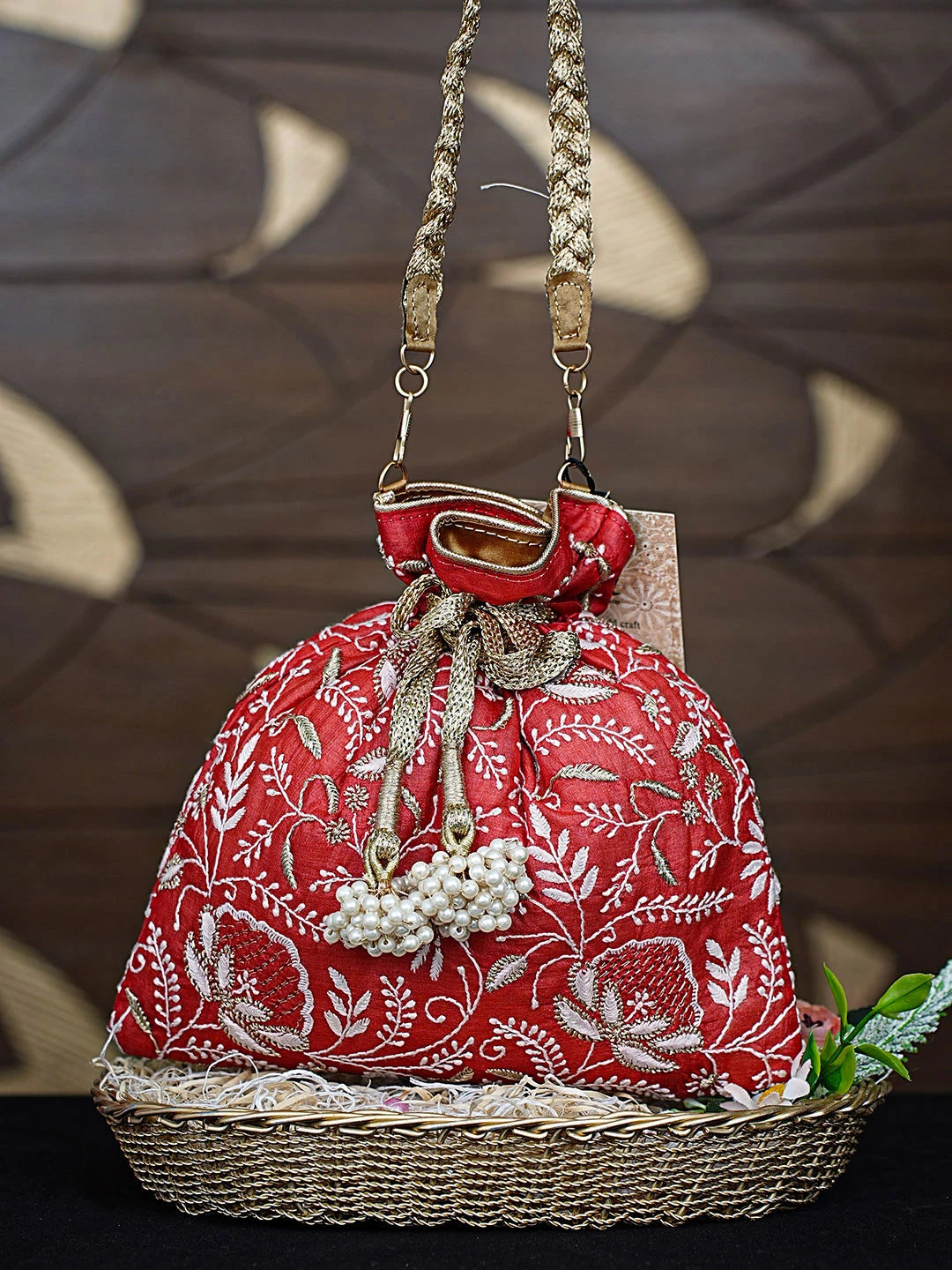 Ada Hand Embroidered Red Silk Lucknowi Chikankari Potli Bag With Zari Work 01A908976