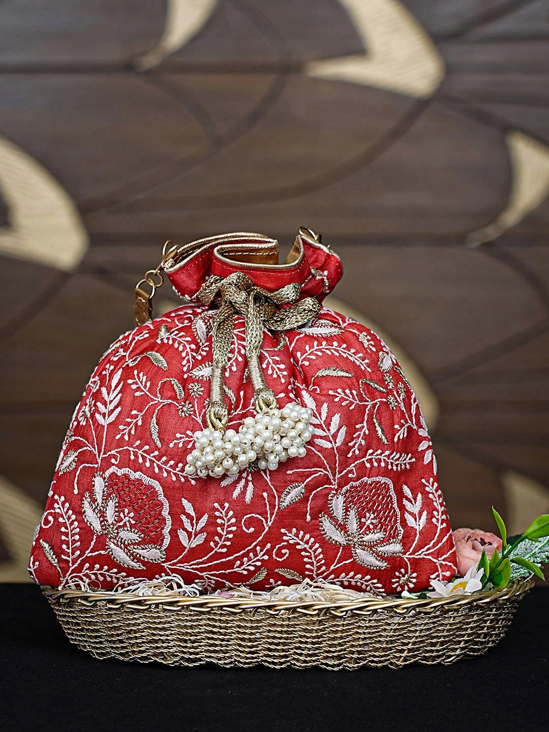 Ada Hand Embroidered Red Silk Lucknowi Chikankari Potli Bag With Zari Work 01A908976