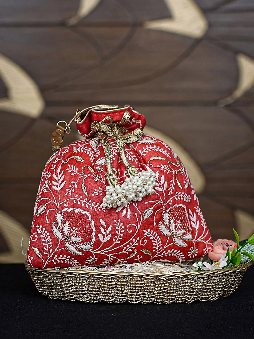 Ada Hand Embroidered Red Silk Lucknowi Chikankari Potli Bag With Zari Work 01A908976
