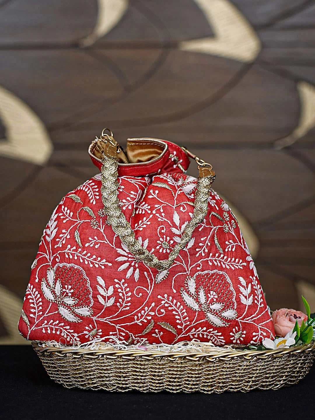 Ada Hand Embroidered Red Silk Lucknowi Chikankari Potli Bag With Zari Work 01A908976