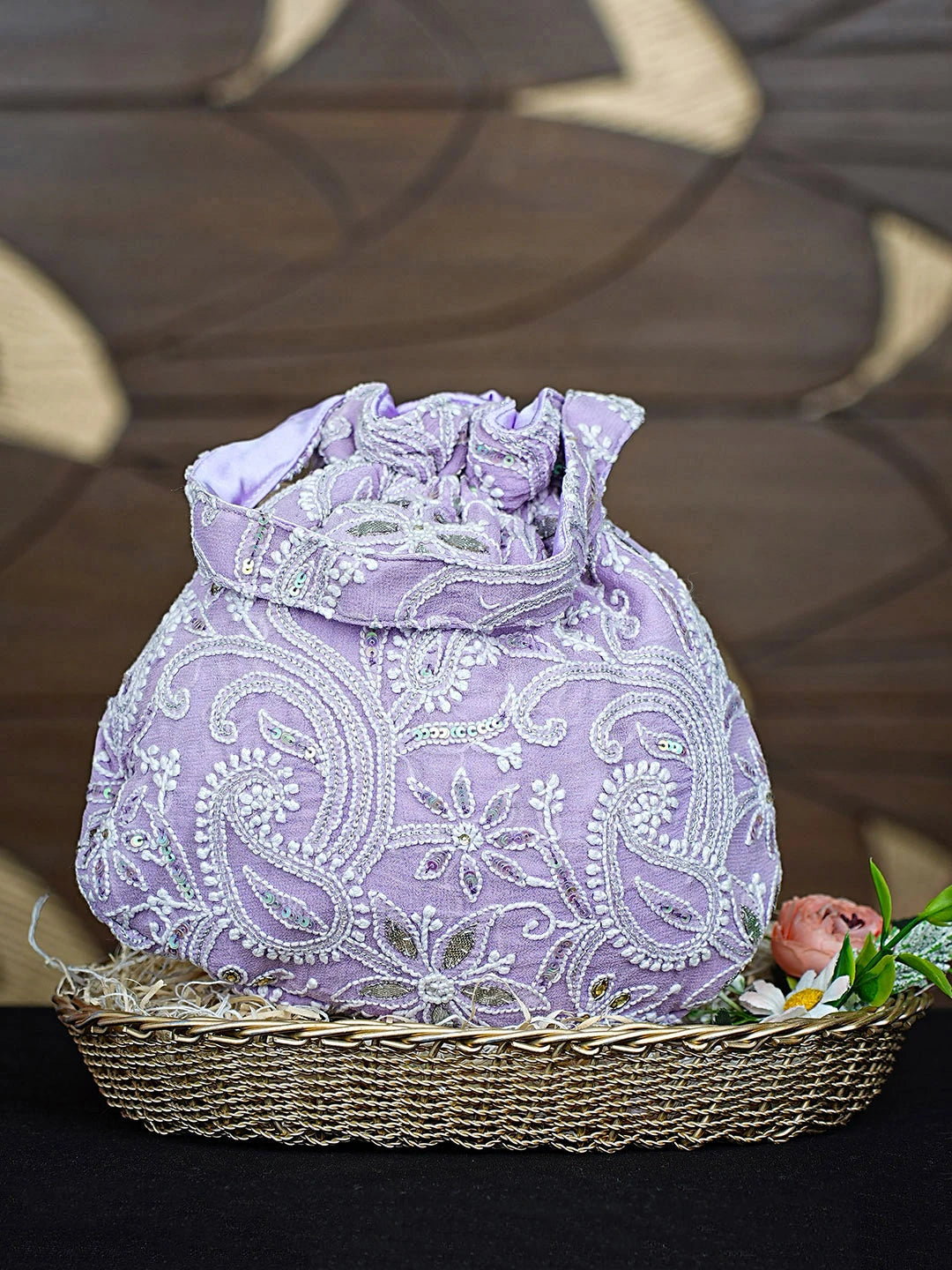 Ada Hand Embroidered Mauve Pure Georgette Lucknowi Chikankari Potli Bag With Sequinned Work 01A880078