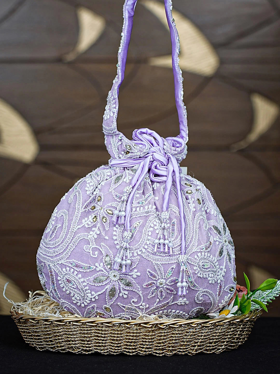 Ada Hand Embroidered Mauve Pure Georgette Lucknowi Chikankari Potli Bag With Sequinned Work 01A880078