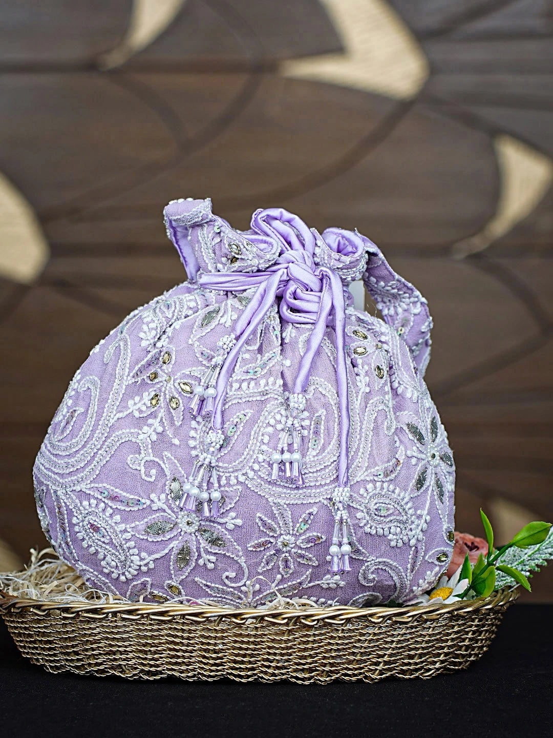 Ada Hand Embroidered Mauve Pure Georgette Lucknowi Chikankari Potli Bag With Sequinned Work 01A880078