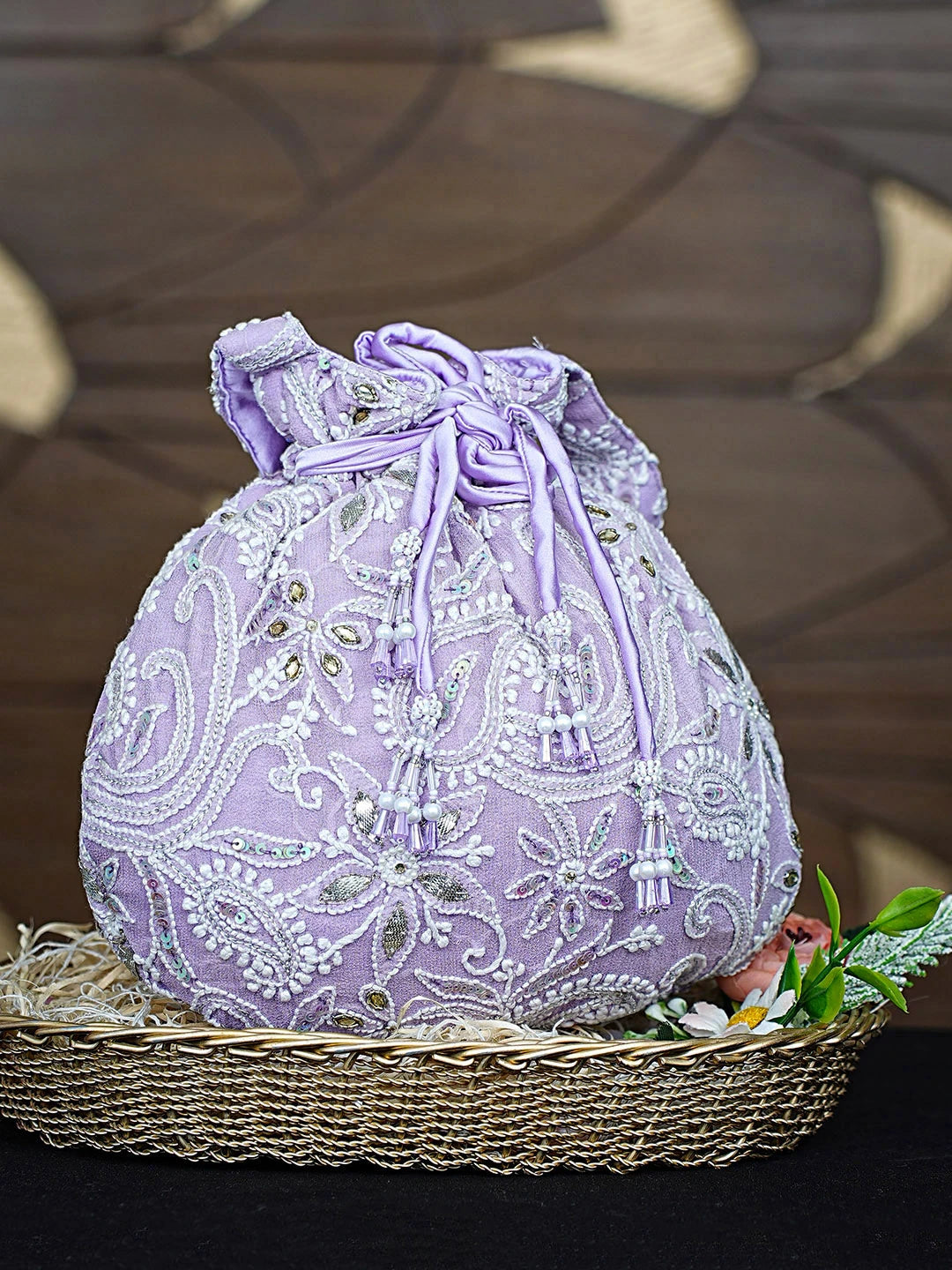 Ada Hand Embroidered Mauve Pure Georgette Lucknowi Chikankari Potli Bag With Sequinned Work 01A880078