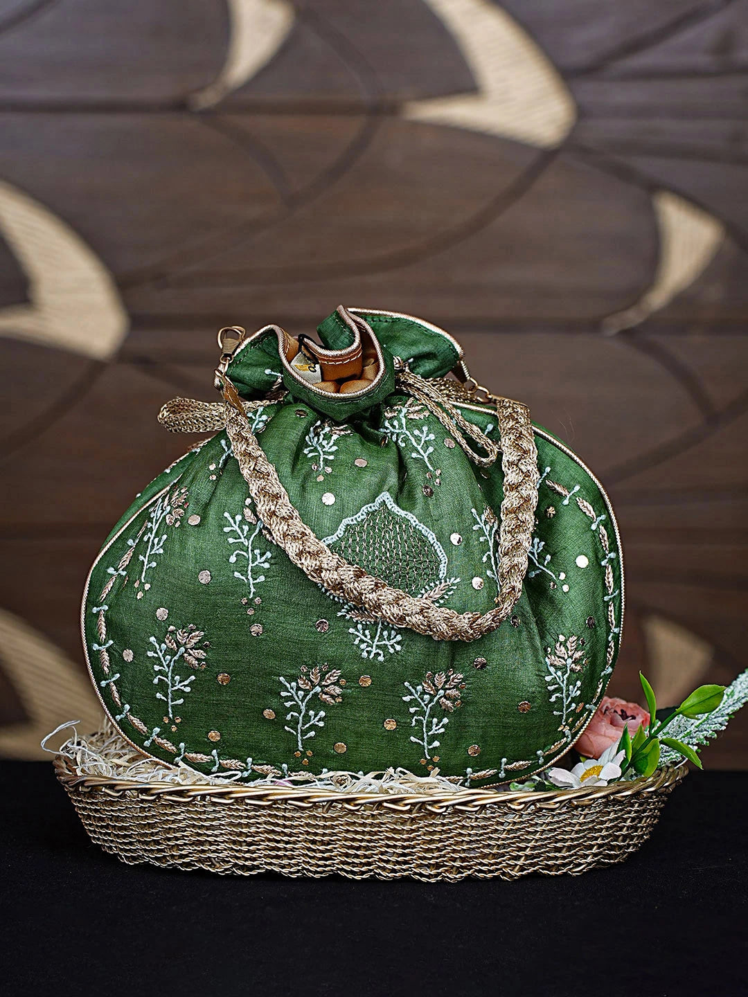 Ada Hand Embroidered Fern Green Silk Lucknowi Chikankari Potli Bag With Zari Work 01A908859