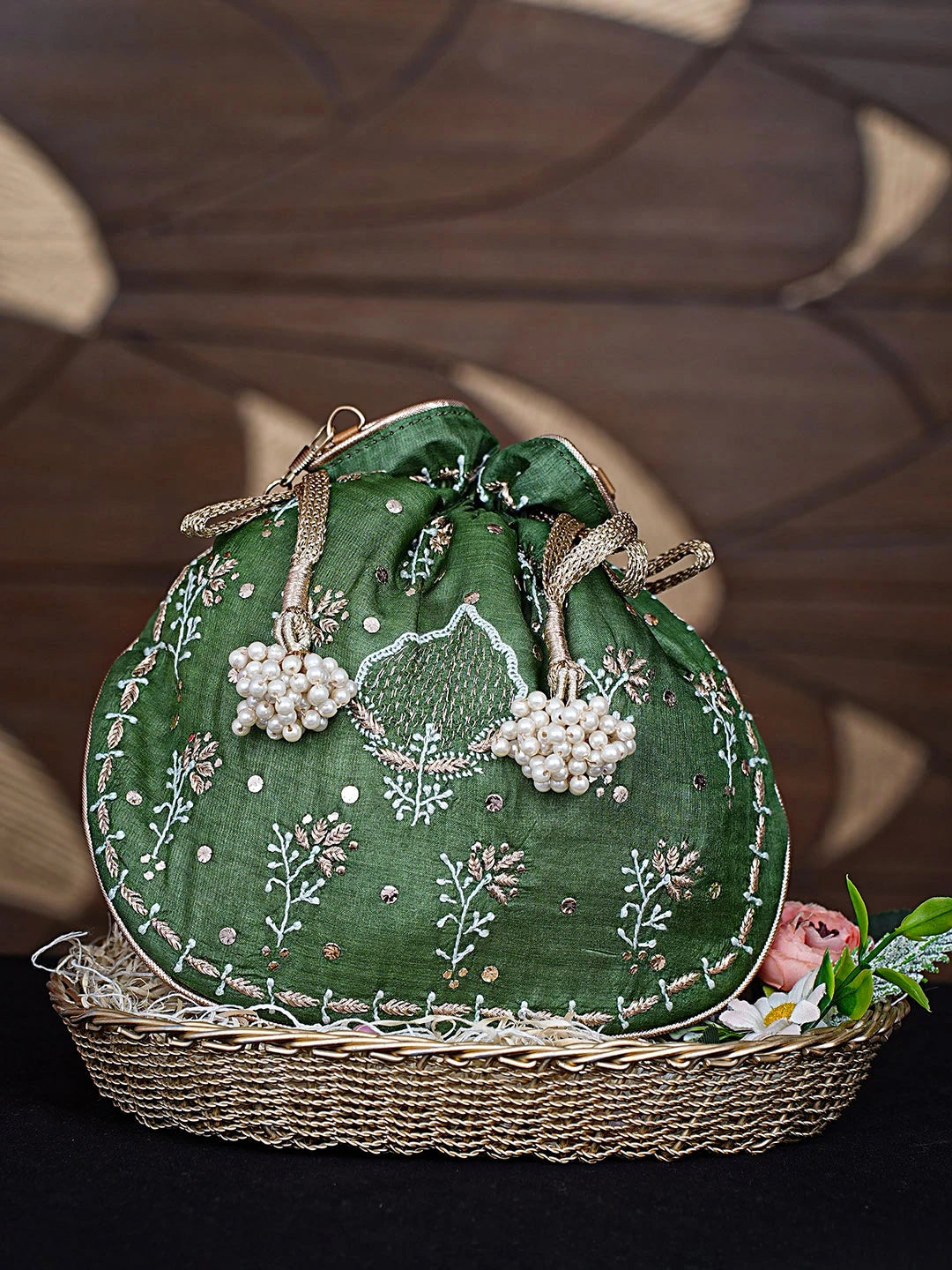Ada Hand Embroidered Fern Green Silk Lucknowi Chikankari Potli Bag With Zari Work 01A908859