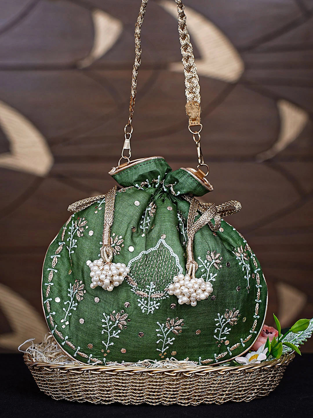 Ada Hand Embroidered Fern Green Silk Lucknowi Chikankari Potli Bag With Zari Work 01A908859