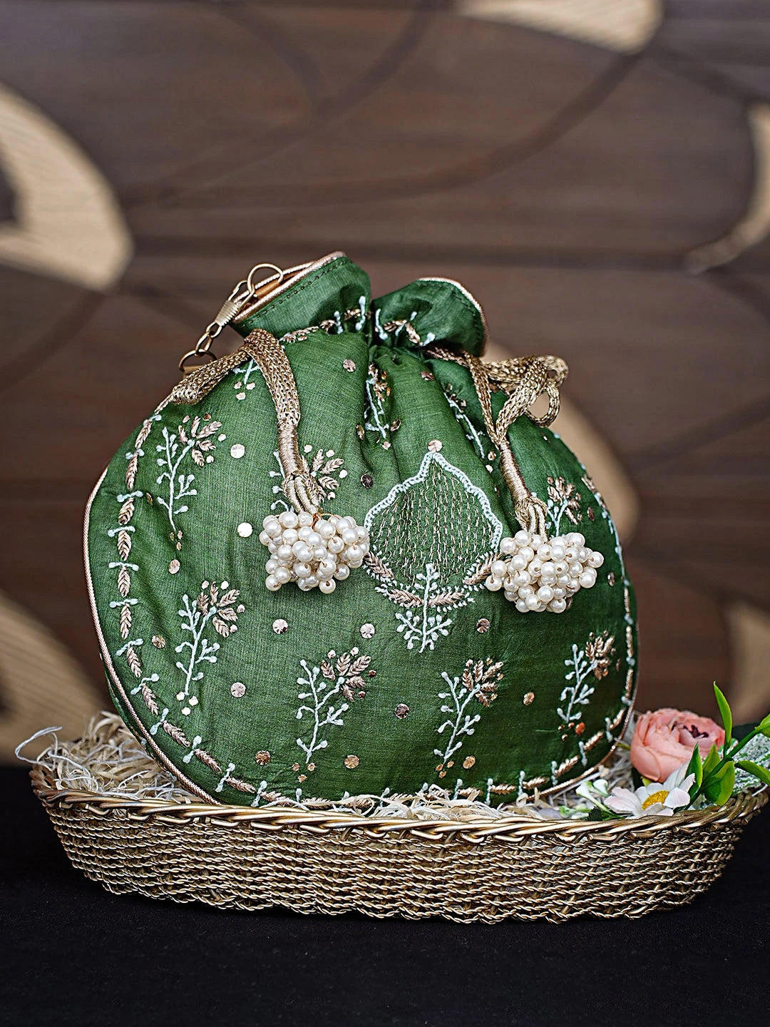 Ada Hand Embroidered Fern Green Silk Lucknowi Chikankari Potli Bag With Zari Work 01A908859