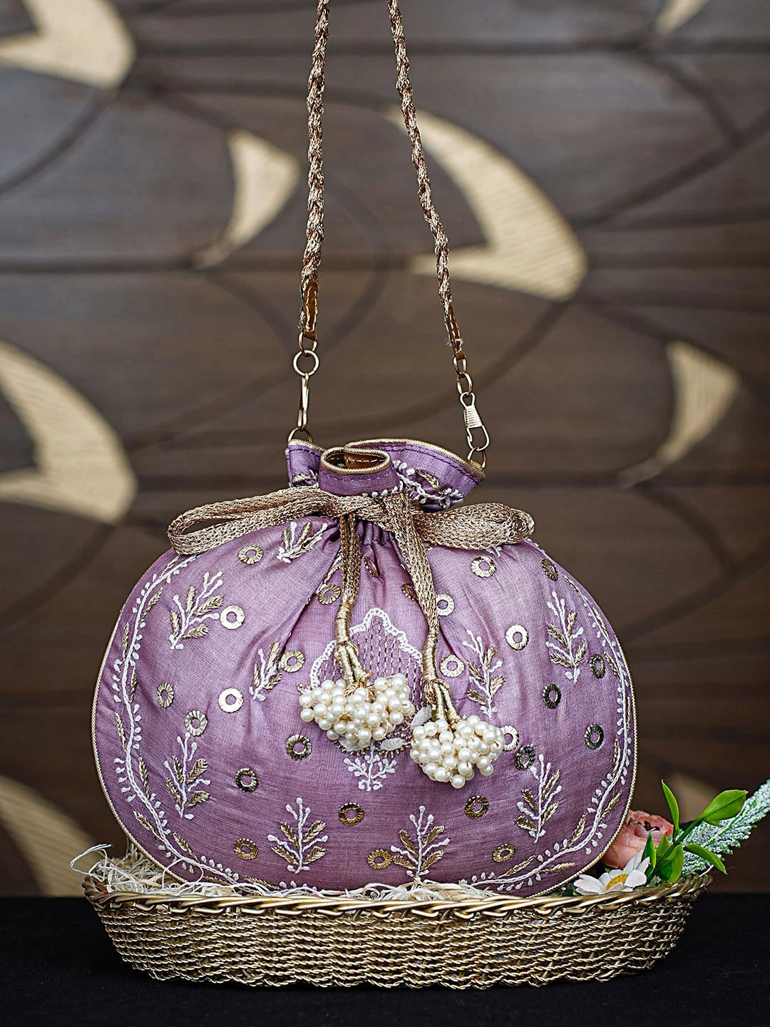 Ada Hand Embroidered Mauve Silk Lucknowi Chikankari Potli Bag With Zari Work 01A908877