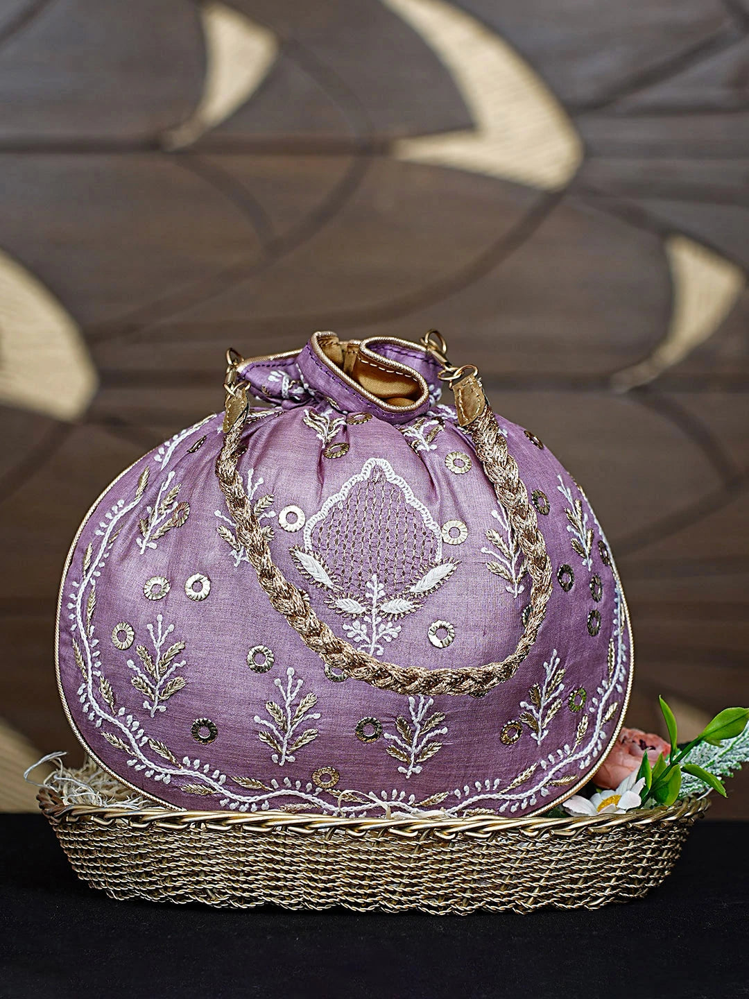 Ada Hand Embroidered Mauve Silk Lucknowi Chikankari Potli Bag With Zari Work 01A908877