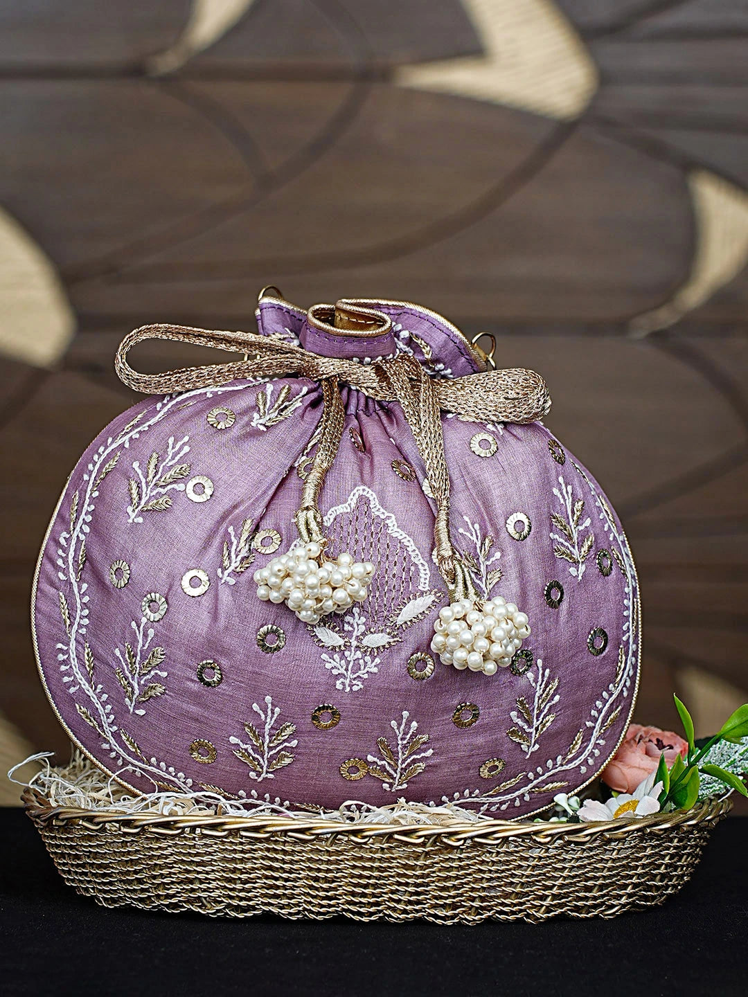 Ada Hand Embroidered Mauve Silk Lucknowi Chikankari Potli Bag With Zari Work 01A908877