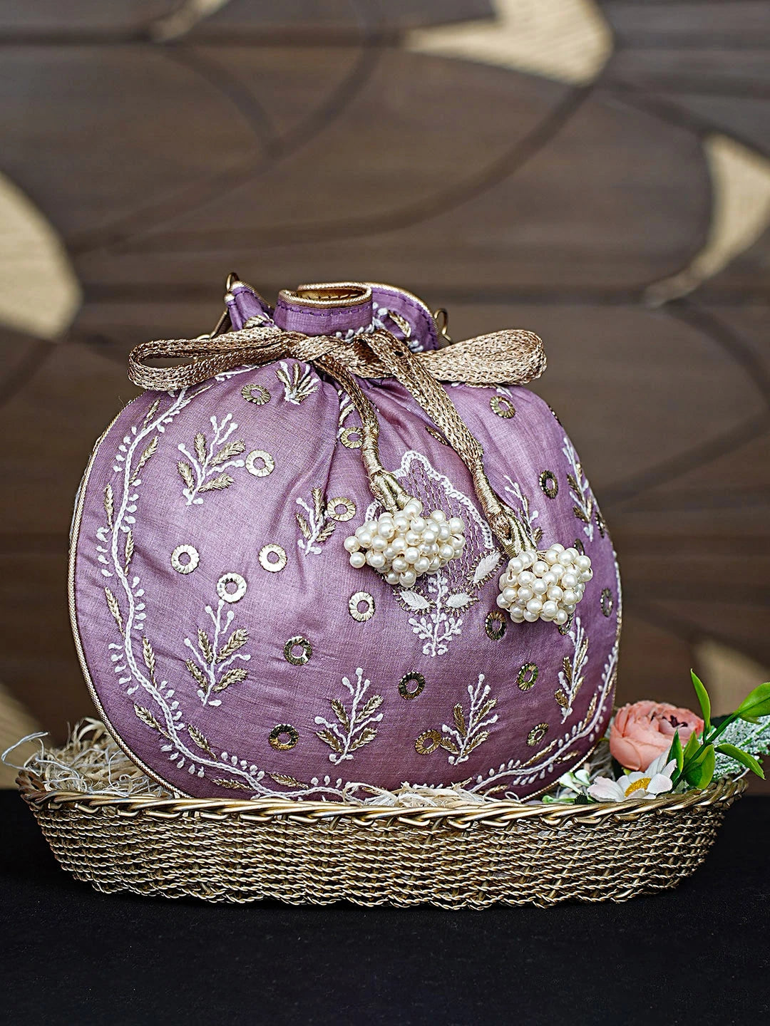 Ada Hand Embroidered Mauve Silk Lucknowi Chikankari Potli Bag With Zari Work 01A908877