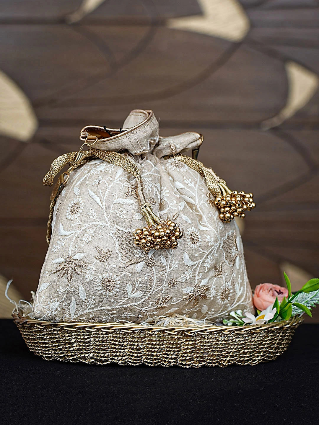 Ada Hand Embroidered Fawn Silk Lucknowi Chikankari Potli Bag With Zari Work 01A908958