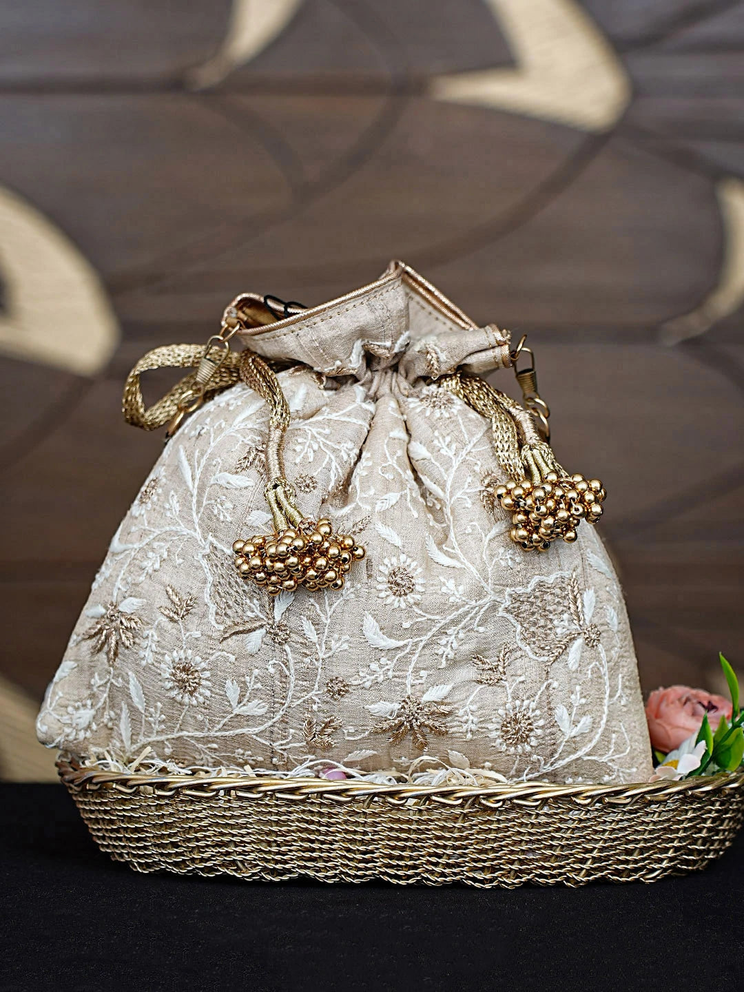 Ada Hand Embroidered Fawn Silk Lucknowi Chikankari Potli Bag With Zari Work 01A908958