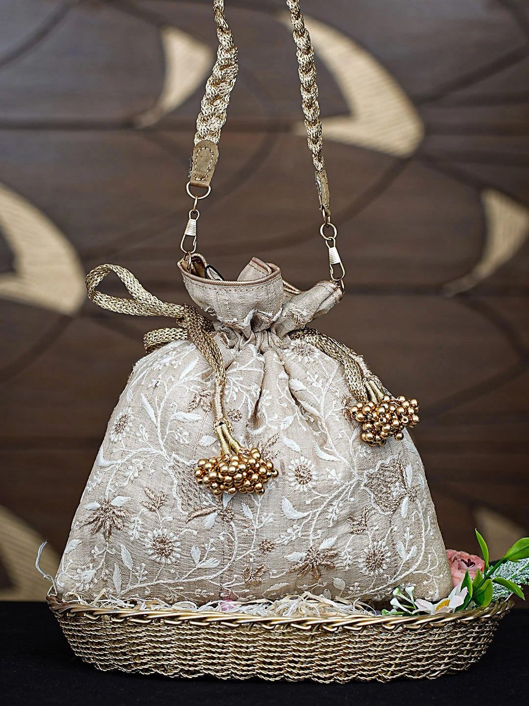 Ada Hand Embroidered Fawn Silk Lucknowi Chikankari Potli Bag With Zari Work 01A908958