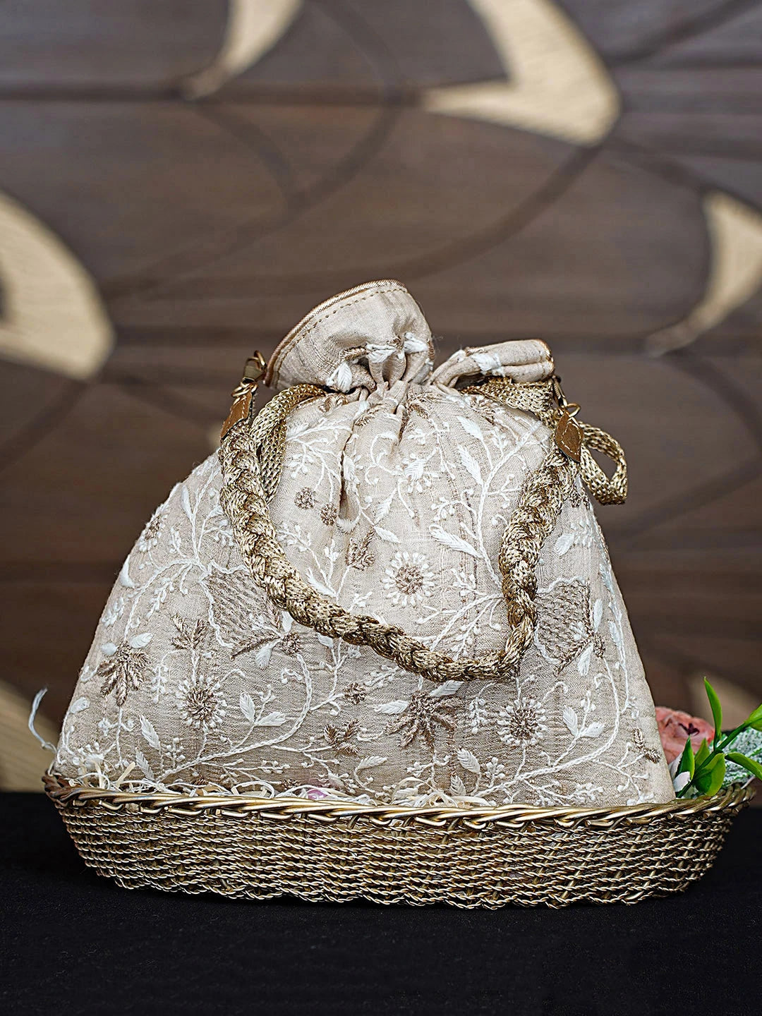 Ada Hand Embroidered Fawn Silk Lucknowi Chikankari Potli Bag With Zari Work 01A908958