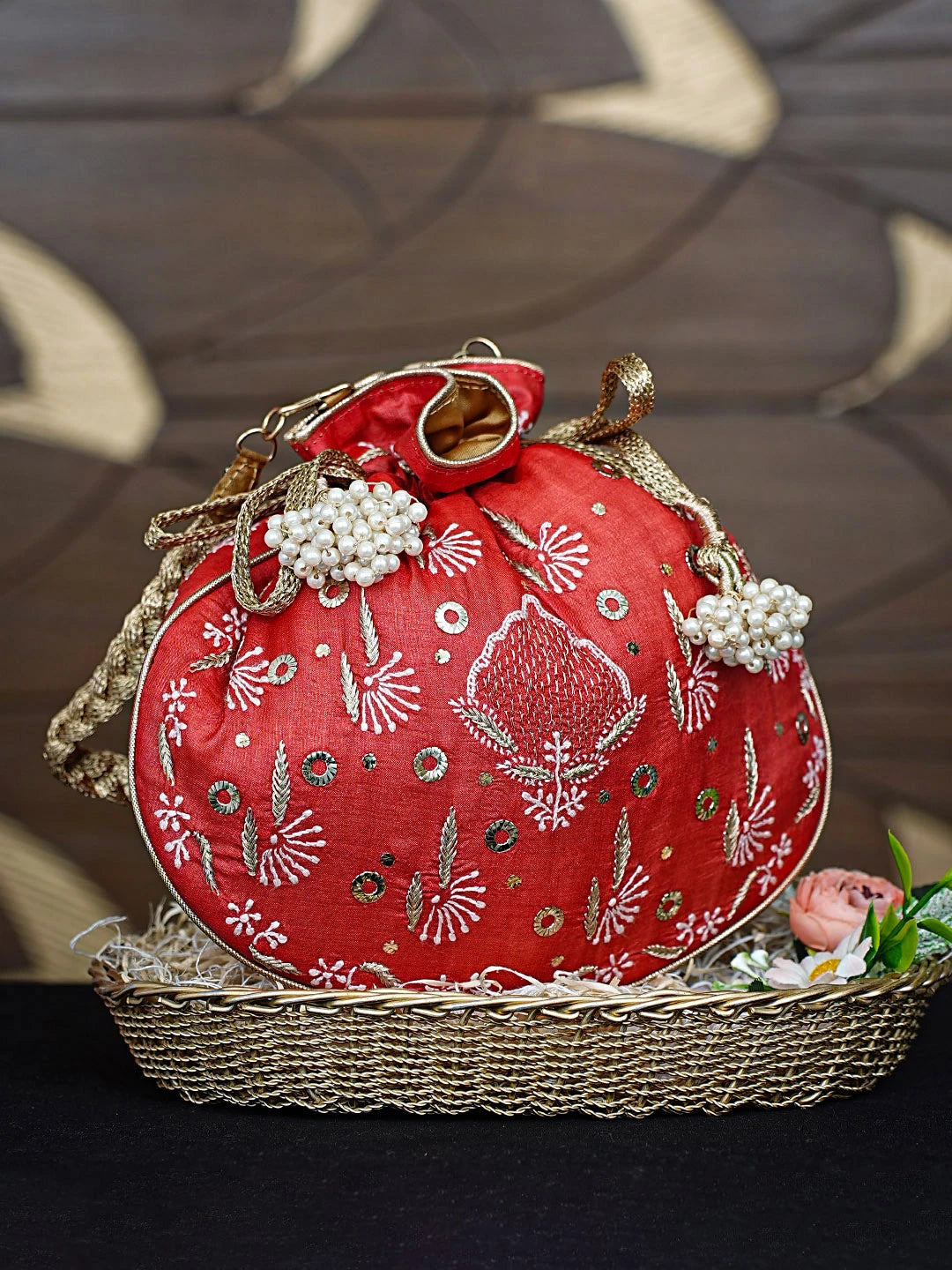 Ada Hand Embroidered Red Silk Lucknowi Chikankari Potli Bag With Zari Work 01A908861
