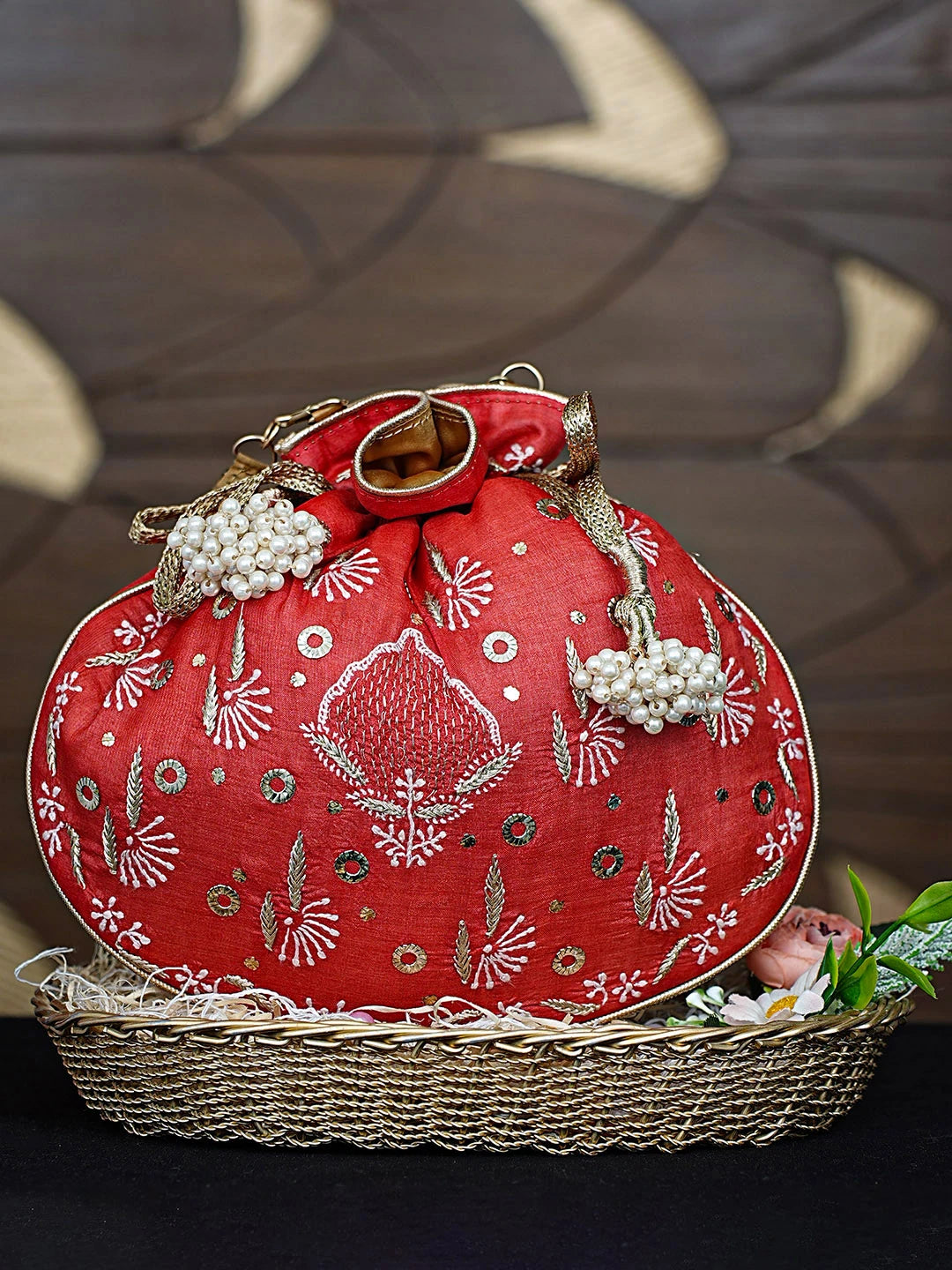 Ada Hand Embroidered Red Silk Lucknowi Chikankari Potli Bag With Zari Work 01A908861
