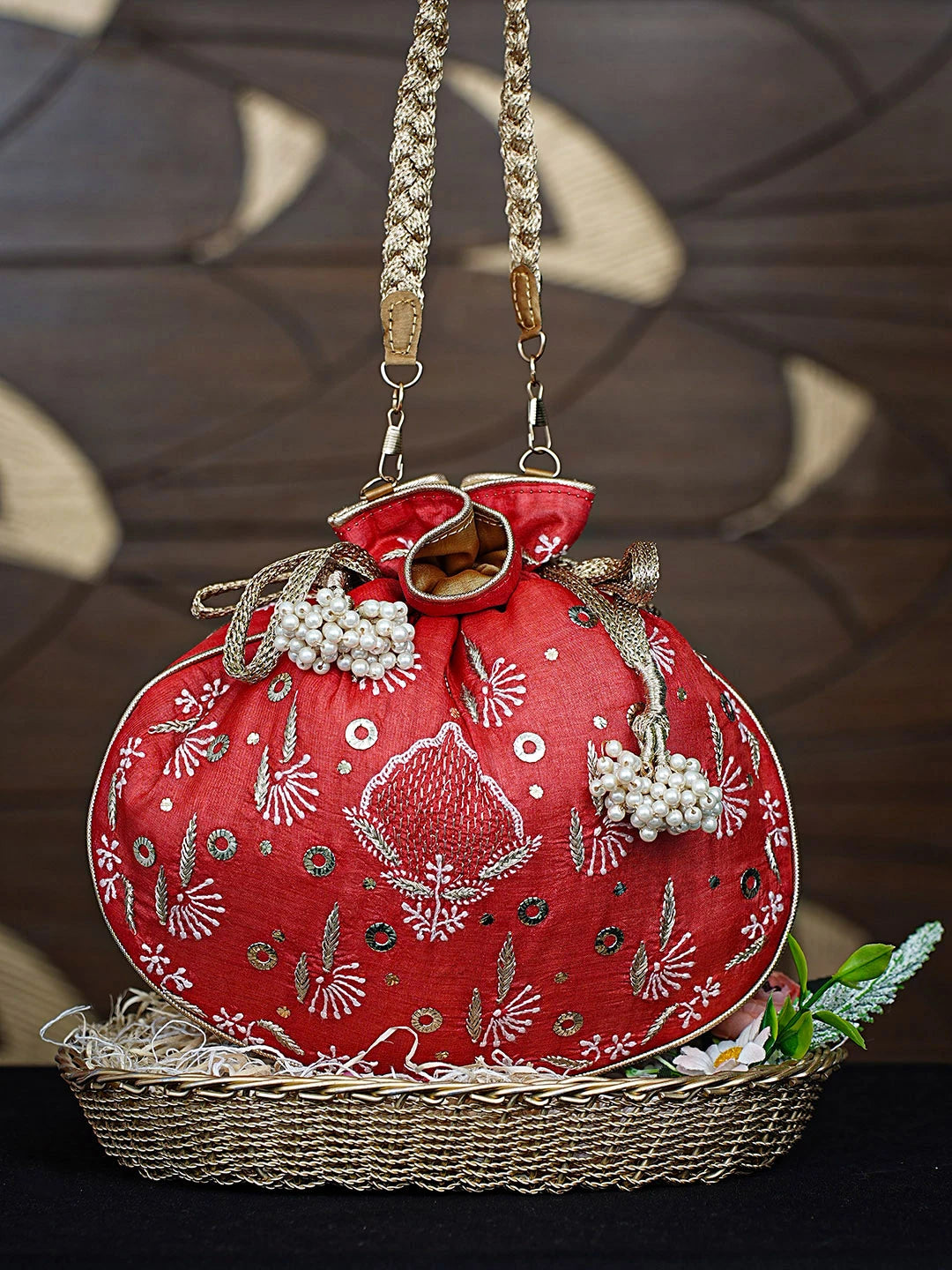 Ada Hand Embroidered Red Silk Lucknowi Chikankari Potli Bag With Zari Work 01A908861