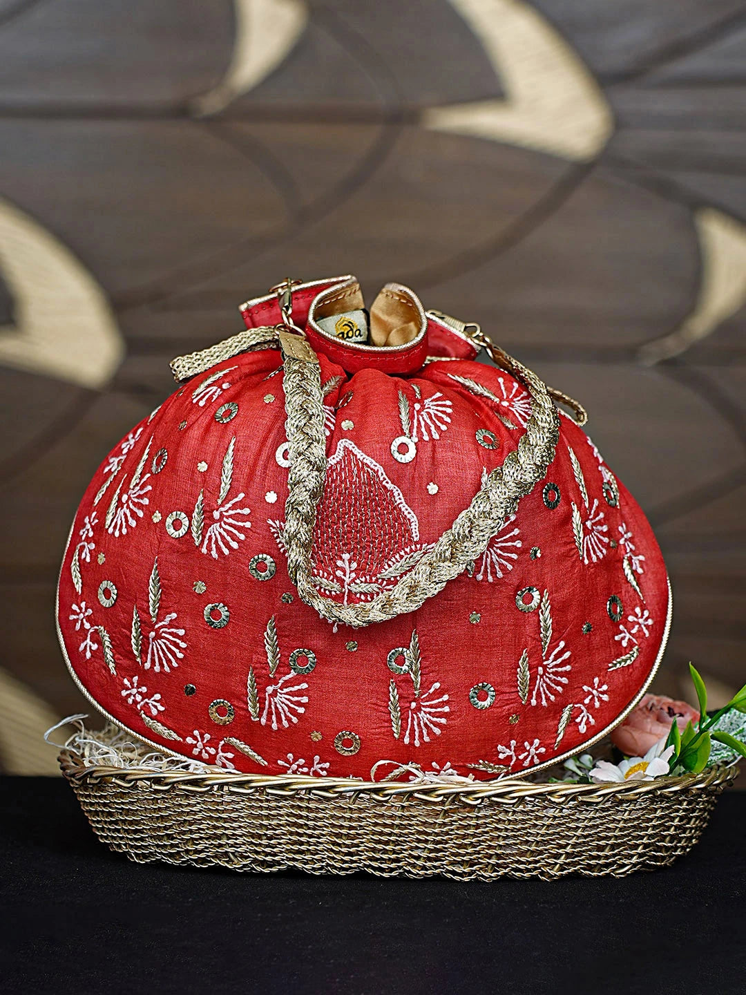 Ada Hand Embroidered Red Silk Lucknowi Chikankari Potli Bag With Zari Work 01A908861
