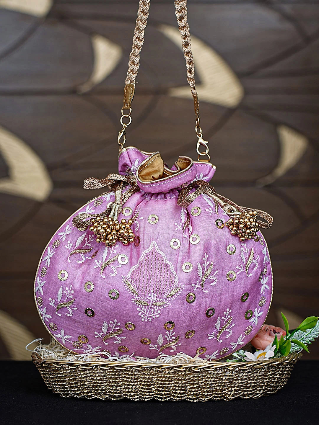 Ada Hand Embroidered Pink Silk Lucknowi Chikankari Potli Bag With Zari Work 01A908875