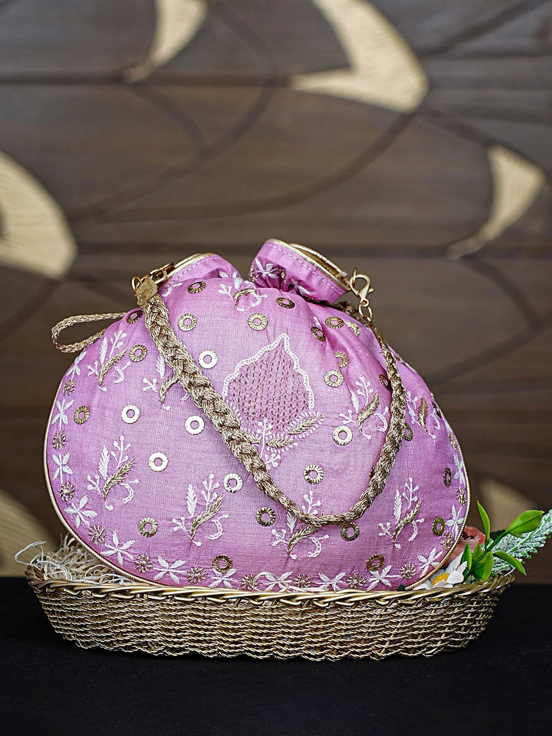 Ada Hand Embroidered Pink Silk Lucknowi Chikankari Potli Bag With Zari Work 01A908875