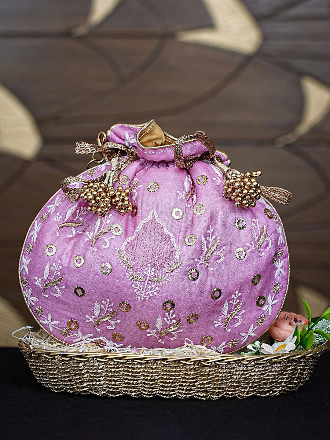 Ada Hand Embroidered Pink Silk Lucknowi Chikankari Potli Bag With Zari Work 01A908875
