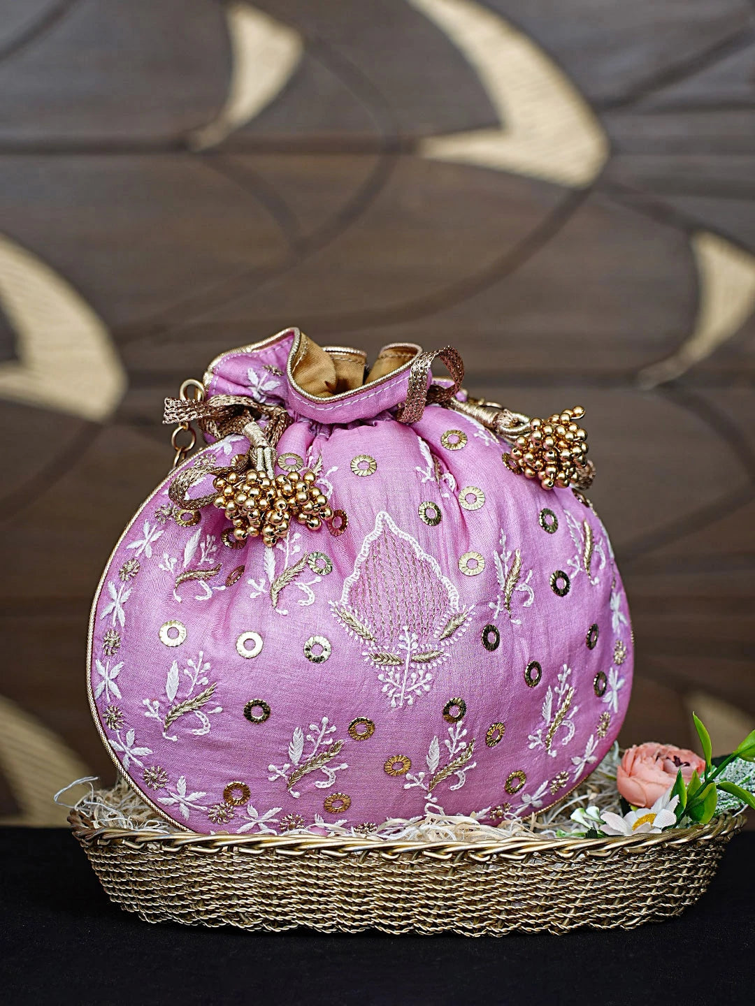 Ada Hand Embroidered Pink Silk Lucknowi Chikankari Potli Bag With Zari Work 01A908875