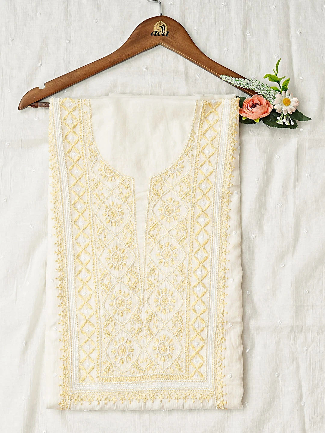 Ada Hand Embroidered White Chanderi Lucknowi Chikankari Unstitched Kurta Dupatta Set 01A911048